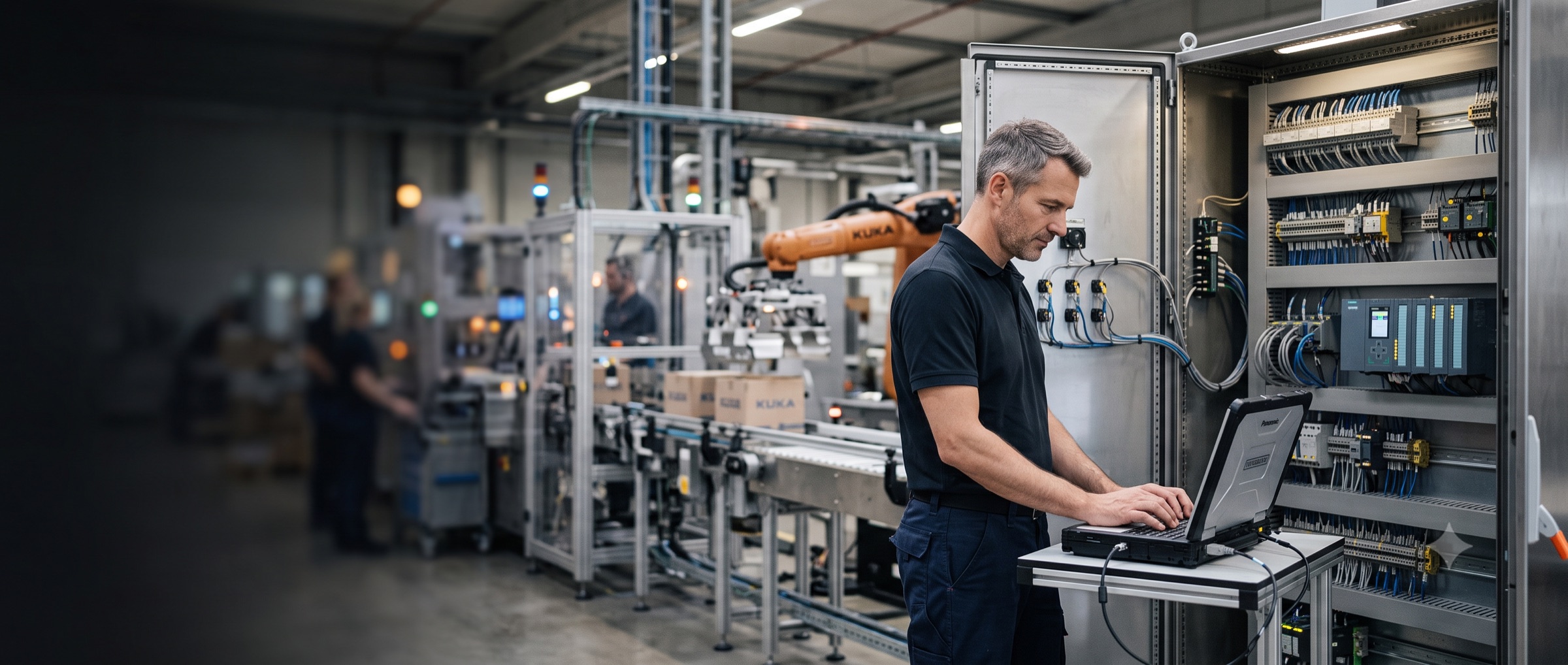 Automatisierungstechnik: Ingenieur programmiert eine SPS-Steuerung an einer Produktionslinie